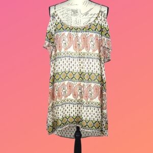 Paisley Cold Shoulder Hi-Lo Fully Lined Cream Peach Multicolor Dress